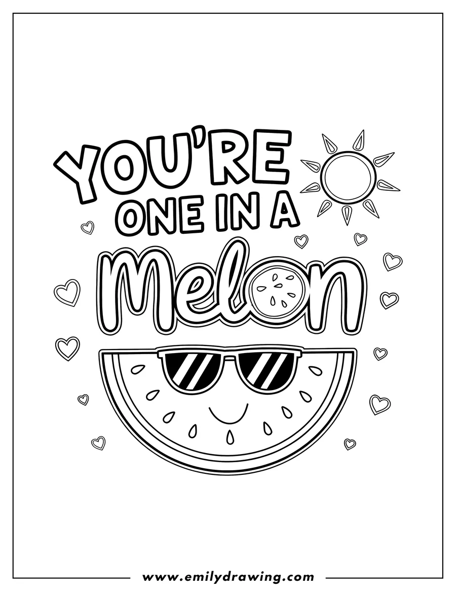 Outline of a smiling watermelon slice wearing sunglasses, with a small stylized sun and hearts around it.