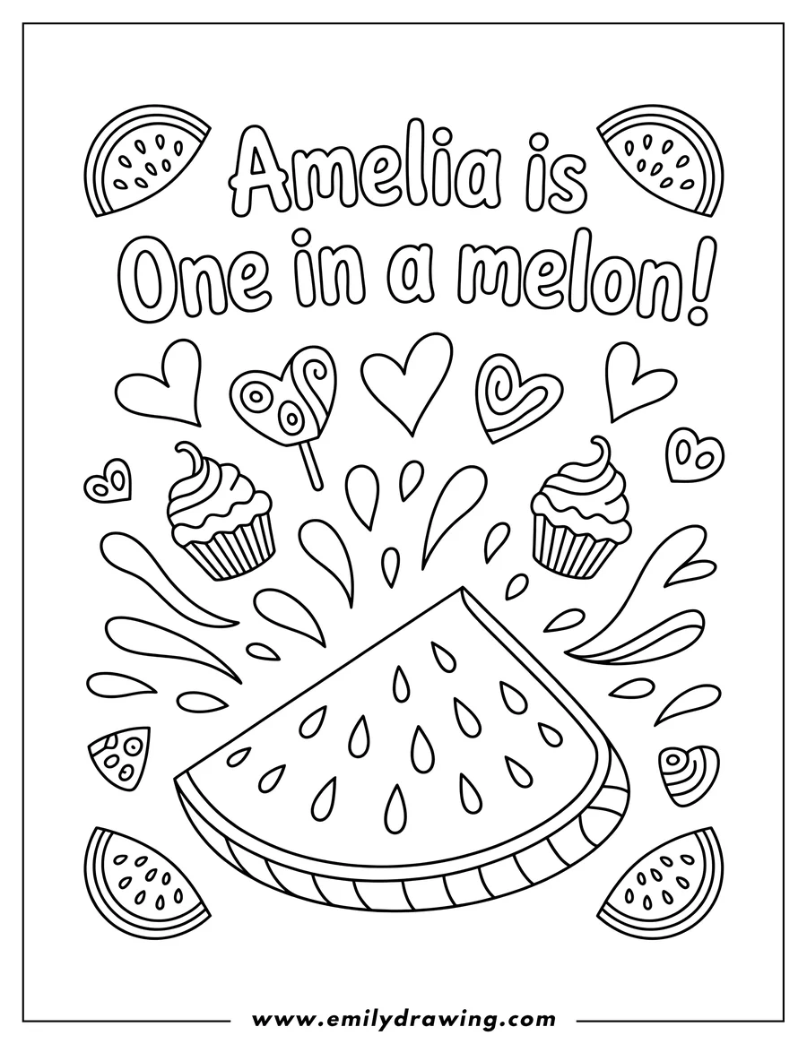 Outline of a large watermelon slice surrounded by cupcakes, lollipops, hearts, and smaller watermelon pieces.