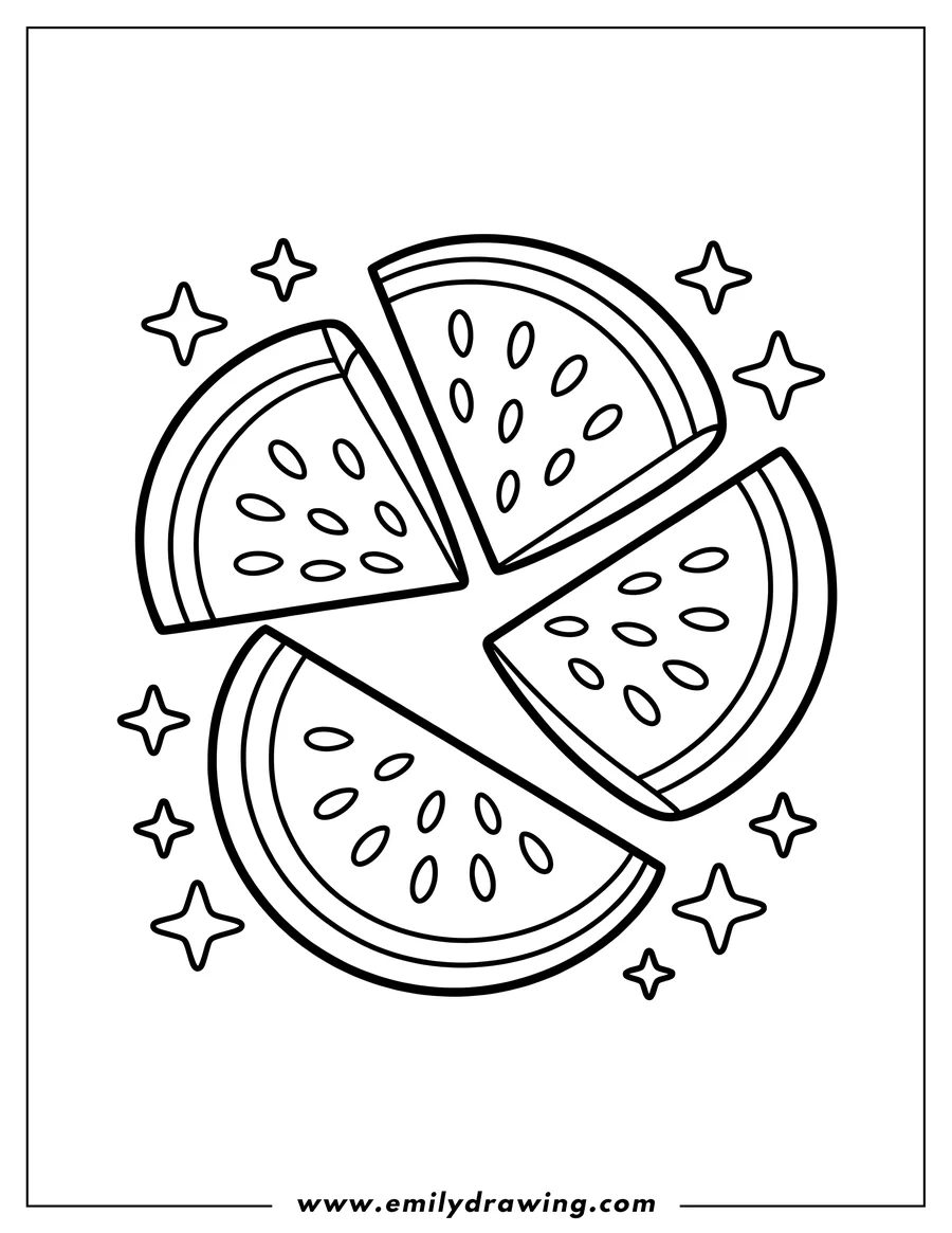 Outline of four watermelon slices arranged in a circle, with decorative stars around them.