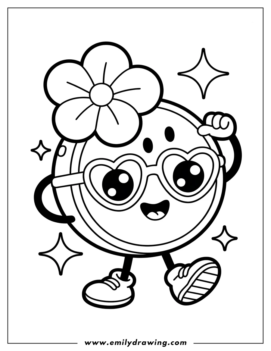 Outline of a stylish watermelon wearing heart-shaped glasses and a flower.