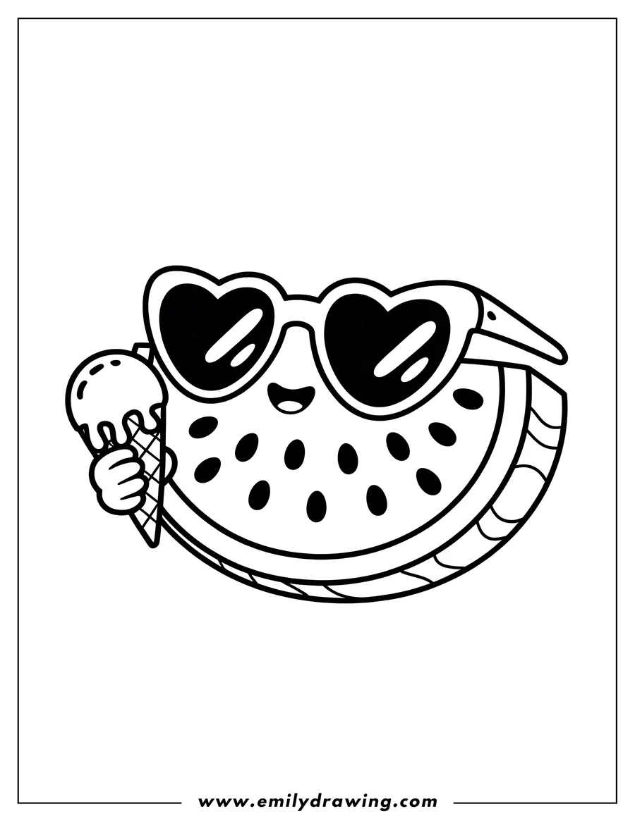 Outline of a smiling watermelon slice wearing heart-shaped sunglasses and holding an ice cream cone.