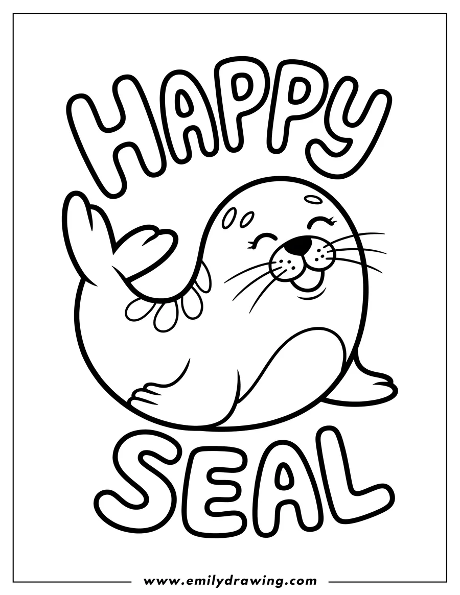 Line art of a smiling harp seal waving. It has closed eyes and is raising one flipper.