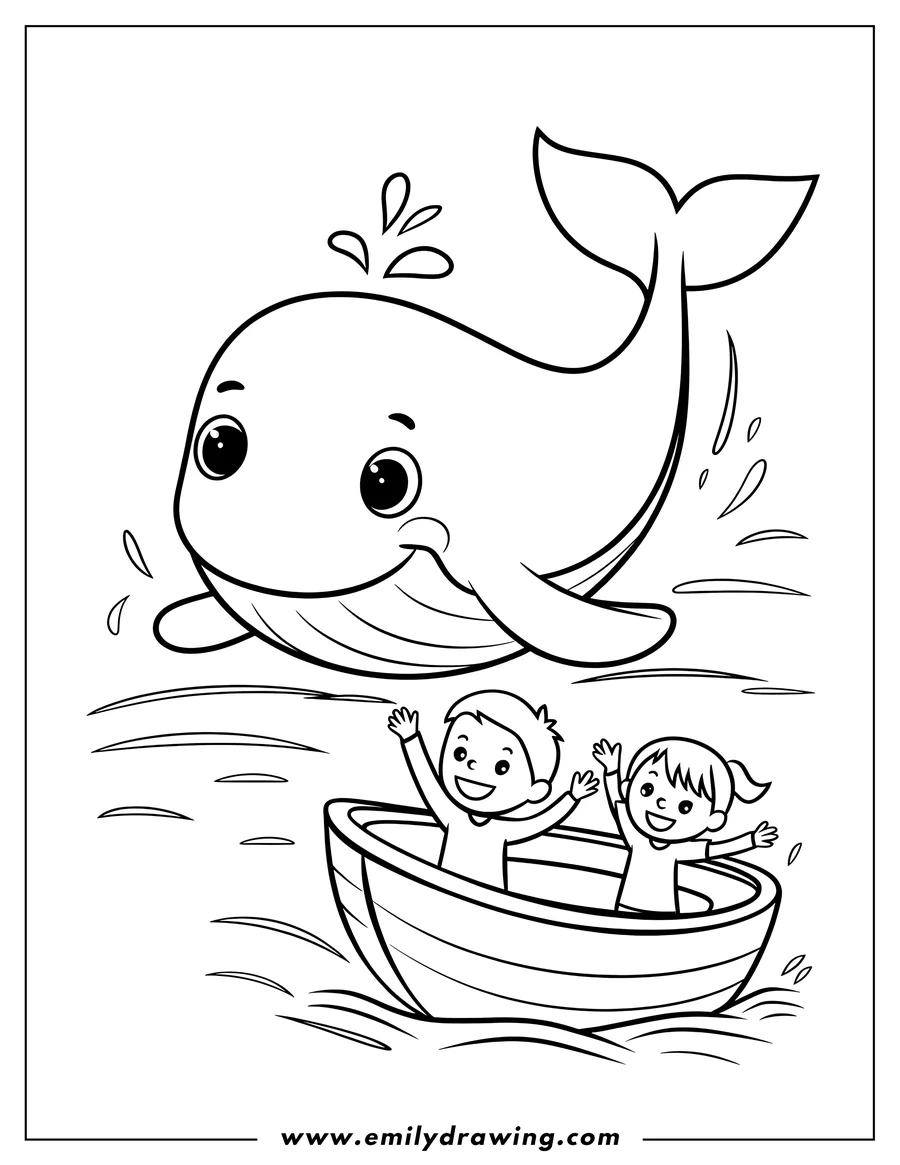 Outline of a whale swimming above two children waving from a small boat.