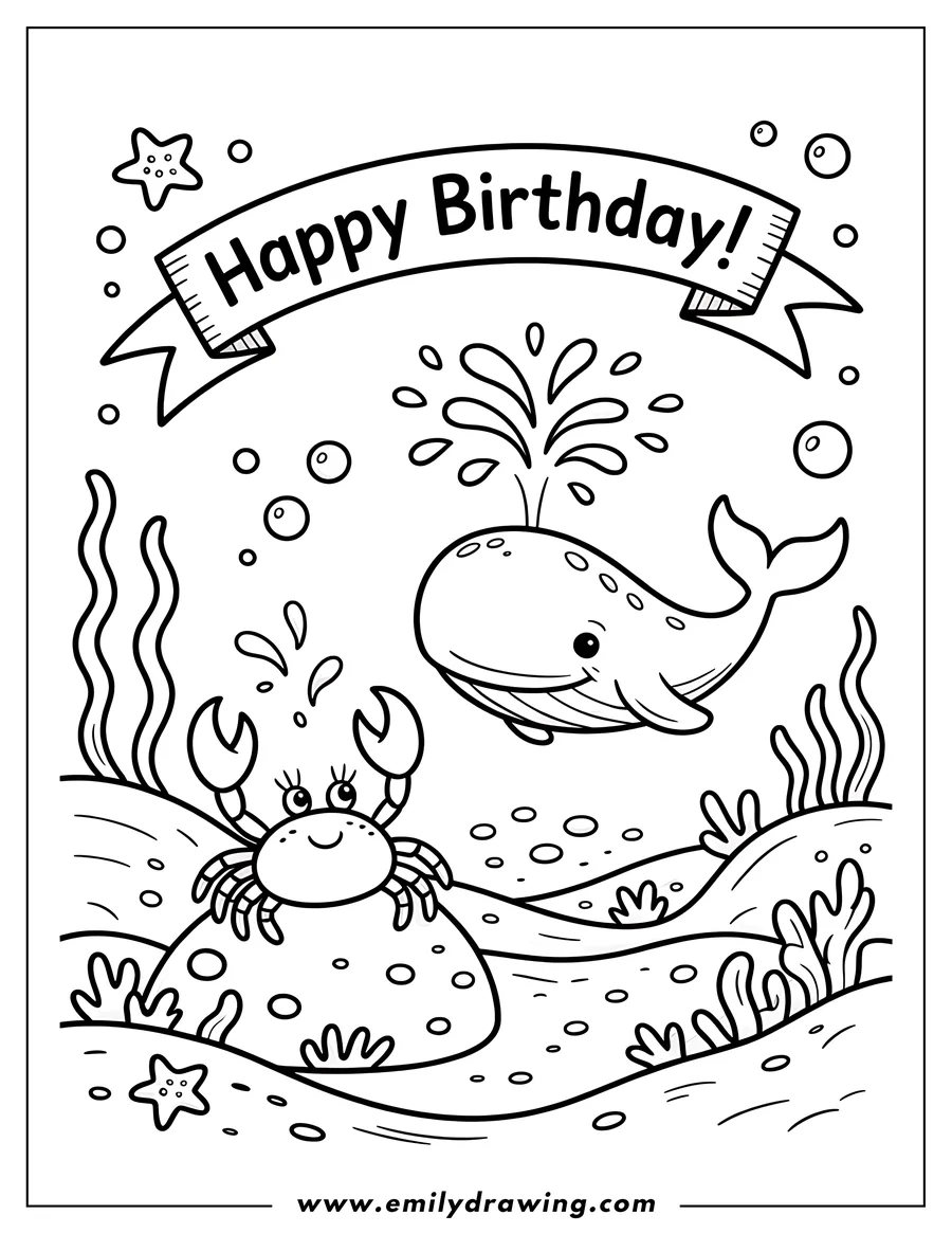 Line art of a whale spouting water and a crab on the ocean floor with a 'Happy Birthday' banner. Starfish, seaweed, and bubbles decorate the underwater scene.