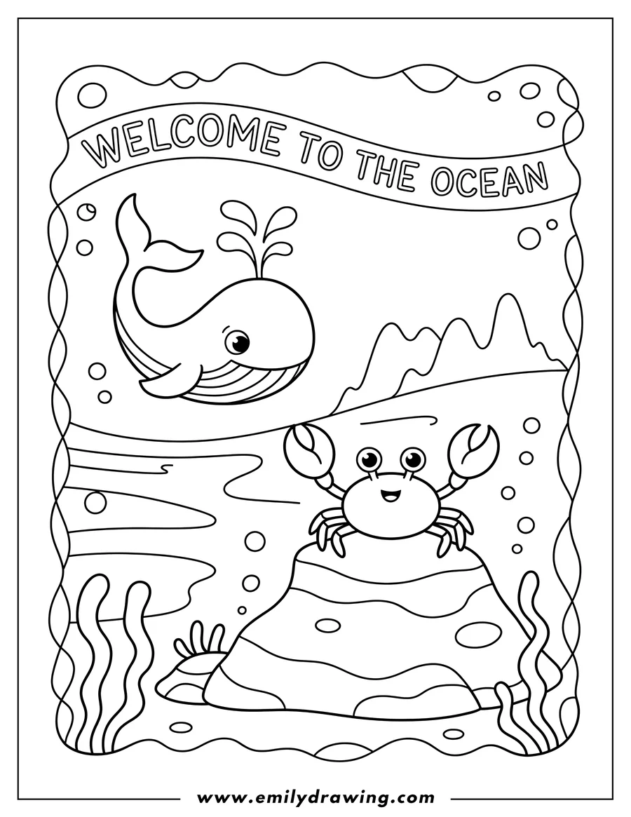 Line art of a whale spouting water and a crab on a rock in the ocean. Seaweed and bubbles decorate the scene.