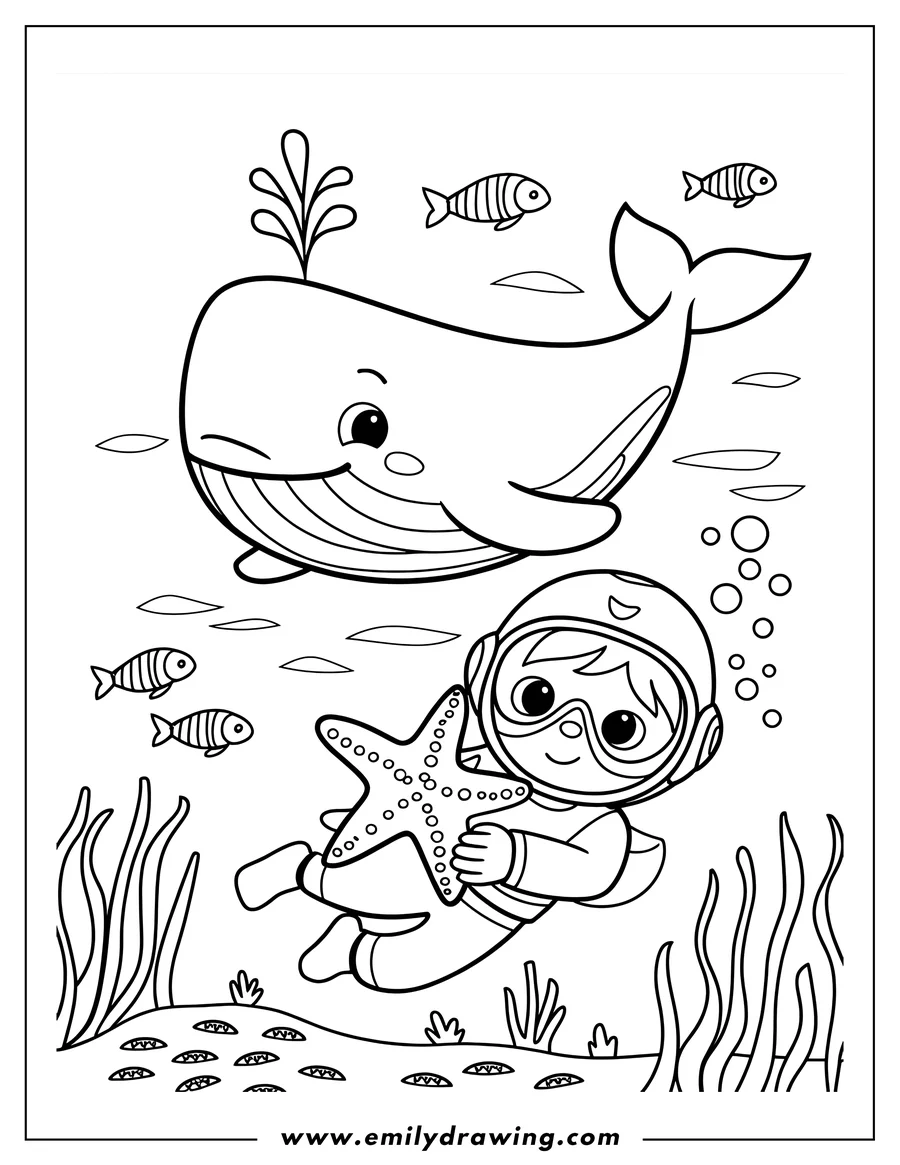 Outline of a whale and a diver holding a starfish underwater. Small fish swim around them, and seaweed sways on the ocean floor.