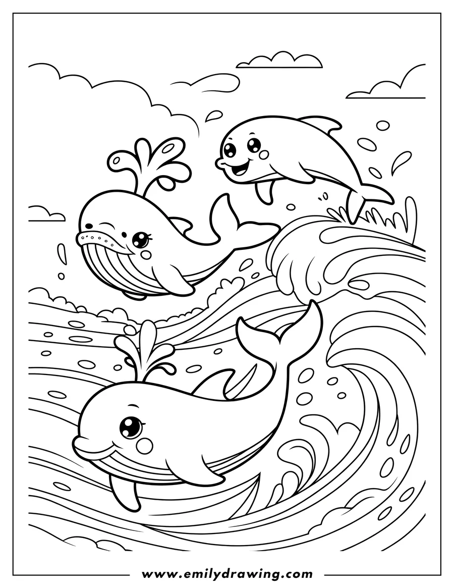 Line art of a whale and two dolphins playing in ocean waves. The whale spouts water playfully, while the dolphins leap and dive through the rolling waves.