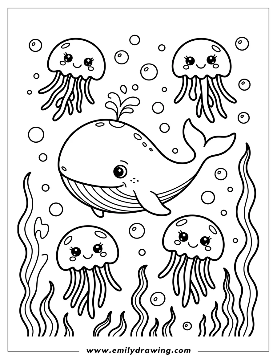 Outline of a friendly whale swimming underwater with three jellyfish and bubbles. Seaweed lines the bottom of the scene.