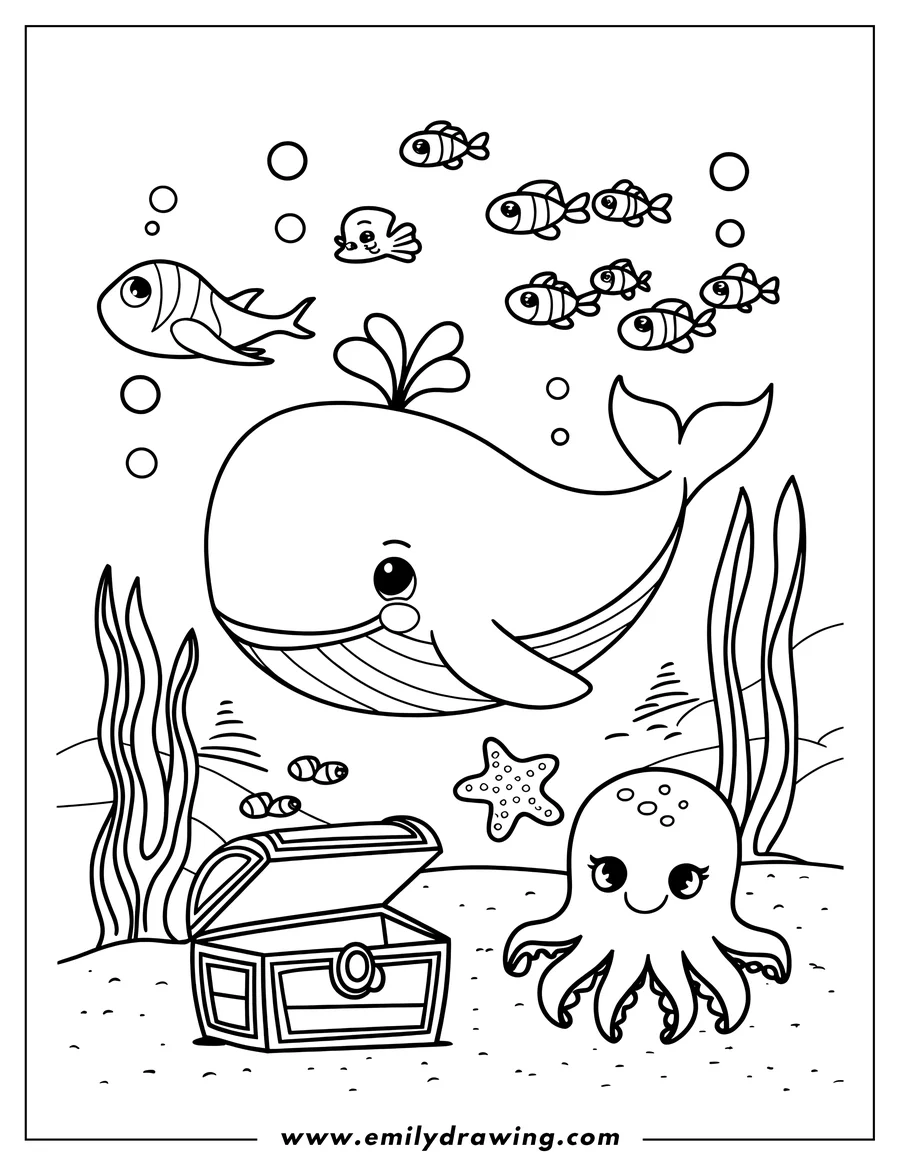 Line art of a whale and an octopus near an open treasure chest on the ocean floor, with small fish swimming around. Seaweed and a starfish complete the underwater scene.