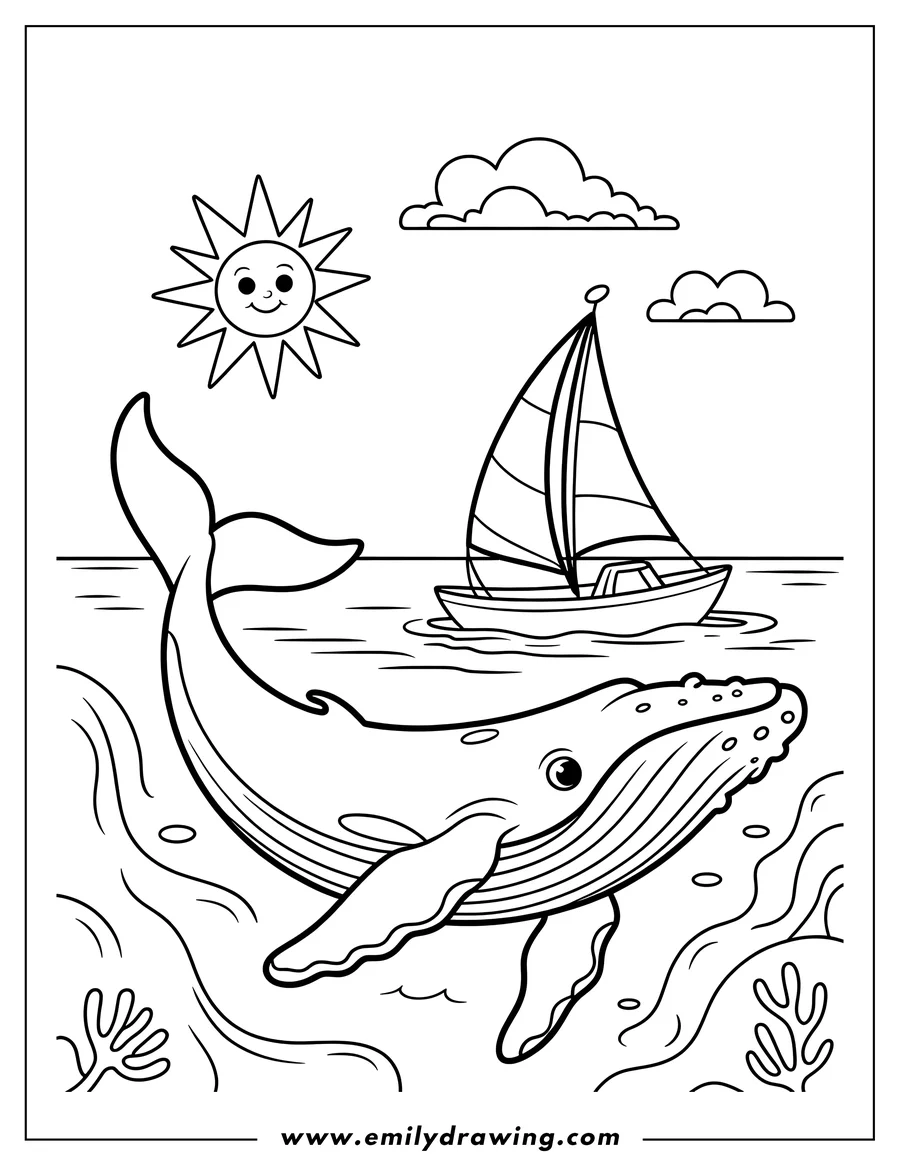 Outline of a whale swimming in the ocean near a sailboat, with a smiling sun and clouds in the sky.