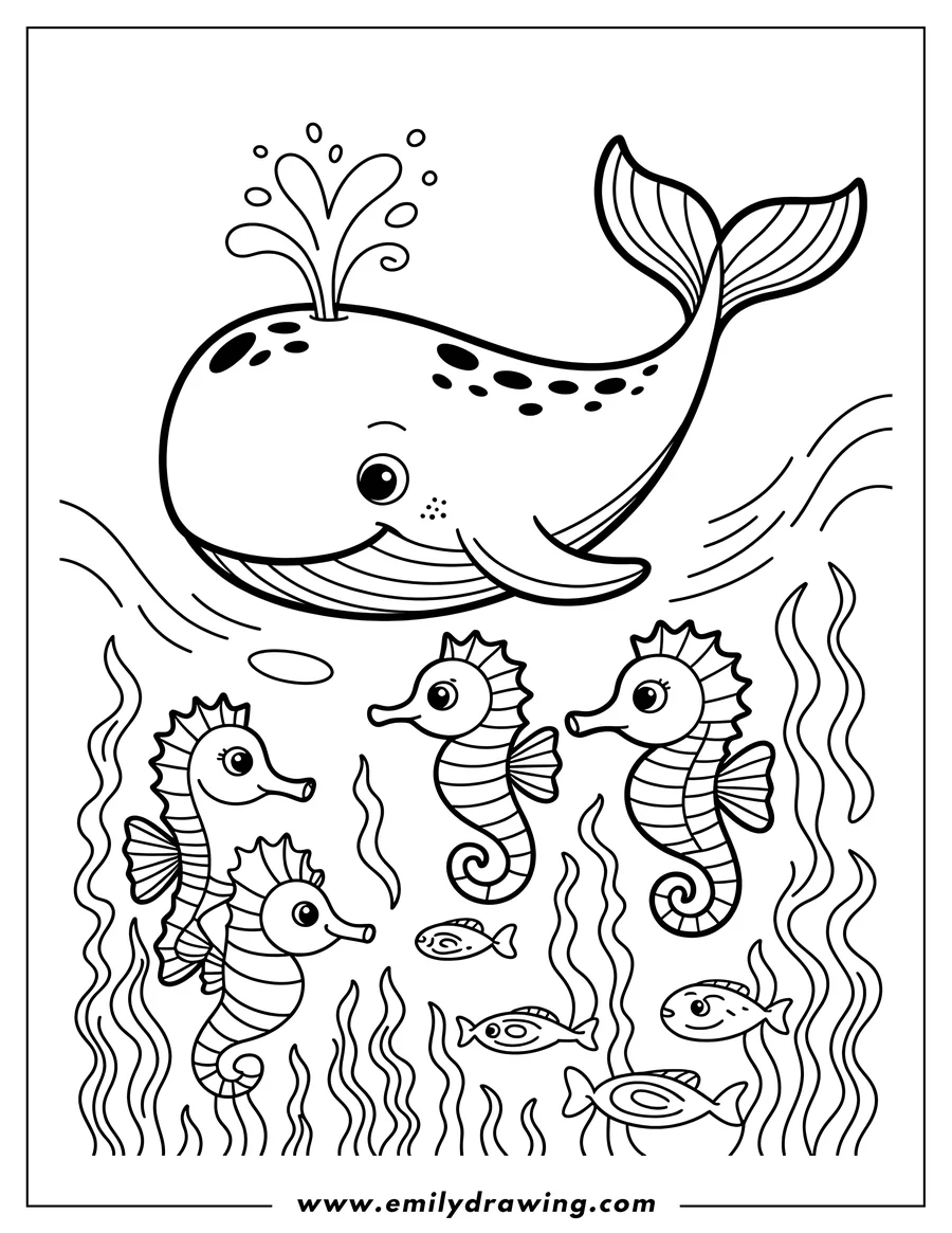 Line art of a whale spouting water above three seahorses and small fish, with seaweed in the background.