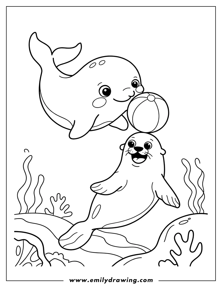 Outline of a whale balancing a beach ball over a seal in the ocean, surrounded by seaweed and coral.