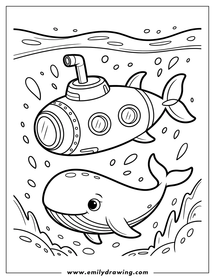 Outline of a whale swimming underwater near a submarine. Bubbles float around them, and stylized waves are visible at the surface and the seabed.