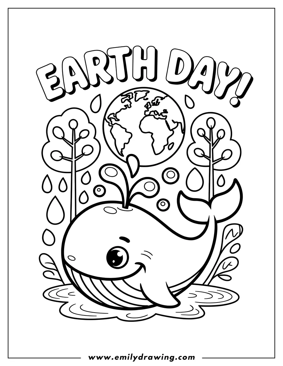 Line art of a smiling whale for Earth Day, with simple trees and the Earth in the background.