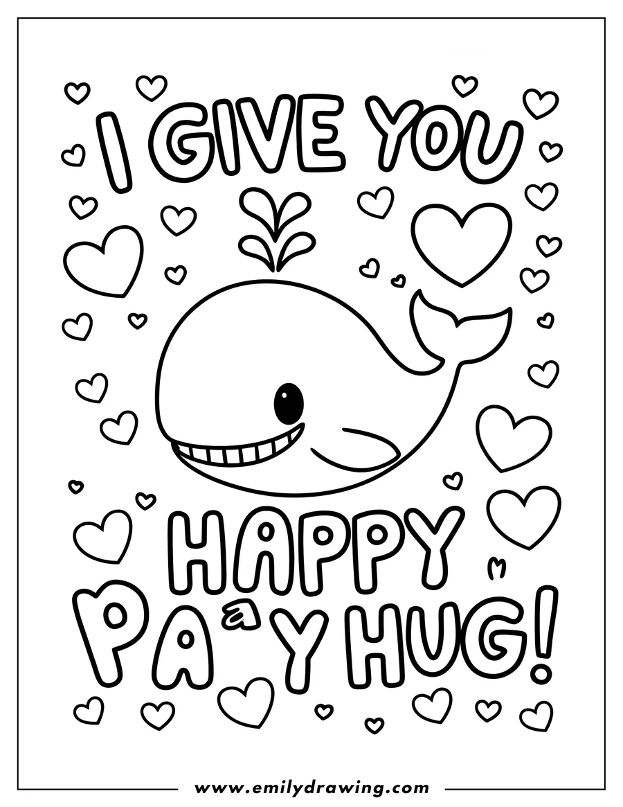 Outline of a happy whale with the words 'I give you a happy hug' and floating hearts.