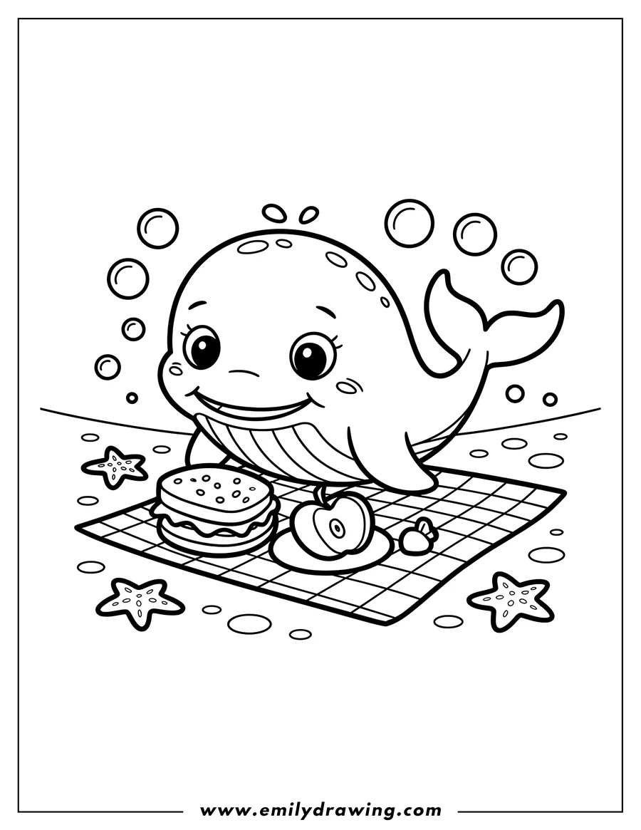 Outline of a cheerful whale enjoying a picnic on a blanket underwater. There is a burger, a sliced apple, and a starfish nearby.