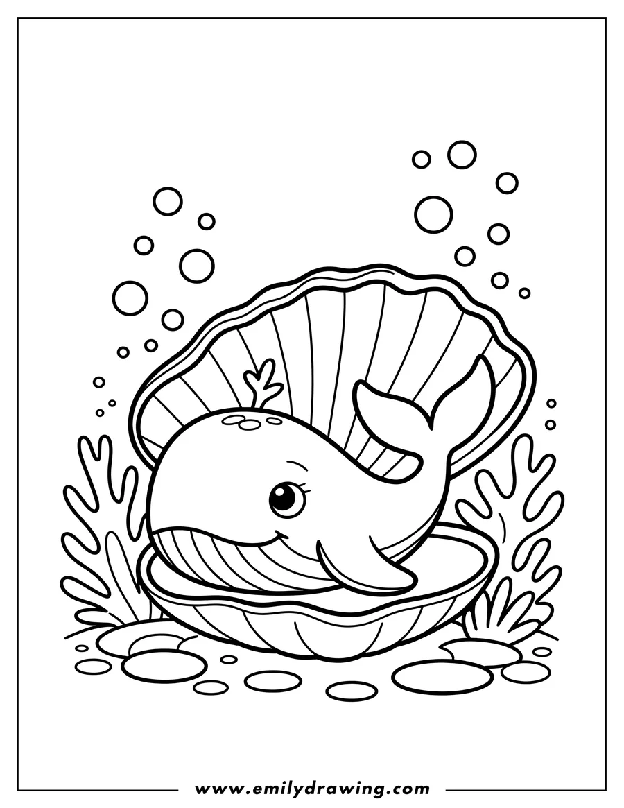 Outline of a whale resting inside a large clam shell on the seabed, surrounded by seaweed and bubbles.