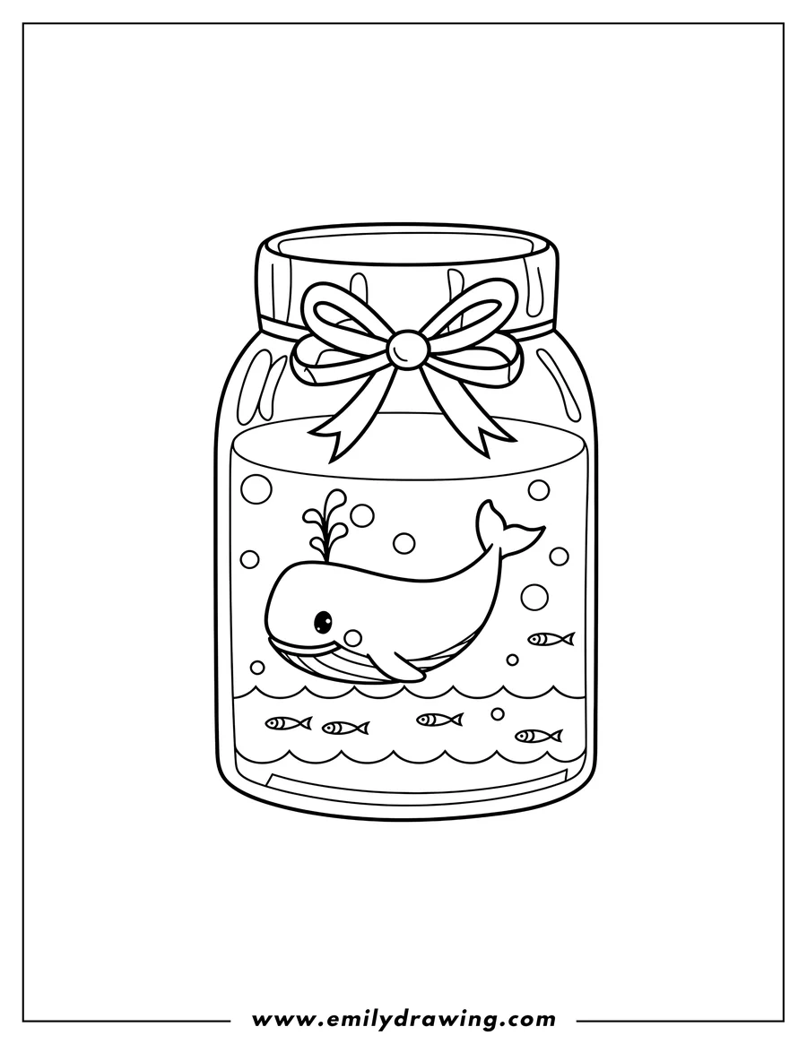 Outline of a whale swimming in a jar with small fish. The jar is tied with a ribbon.
