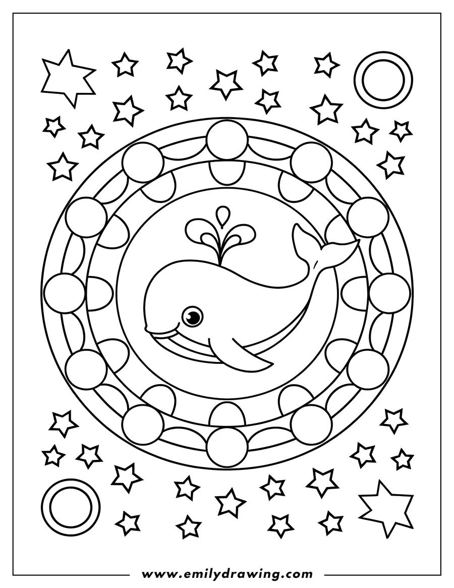 Outline of a whale centered in a decorative circular mandala frame with surrounding stars