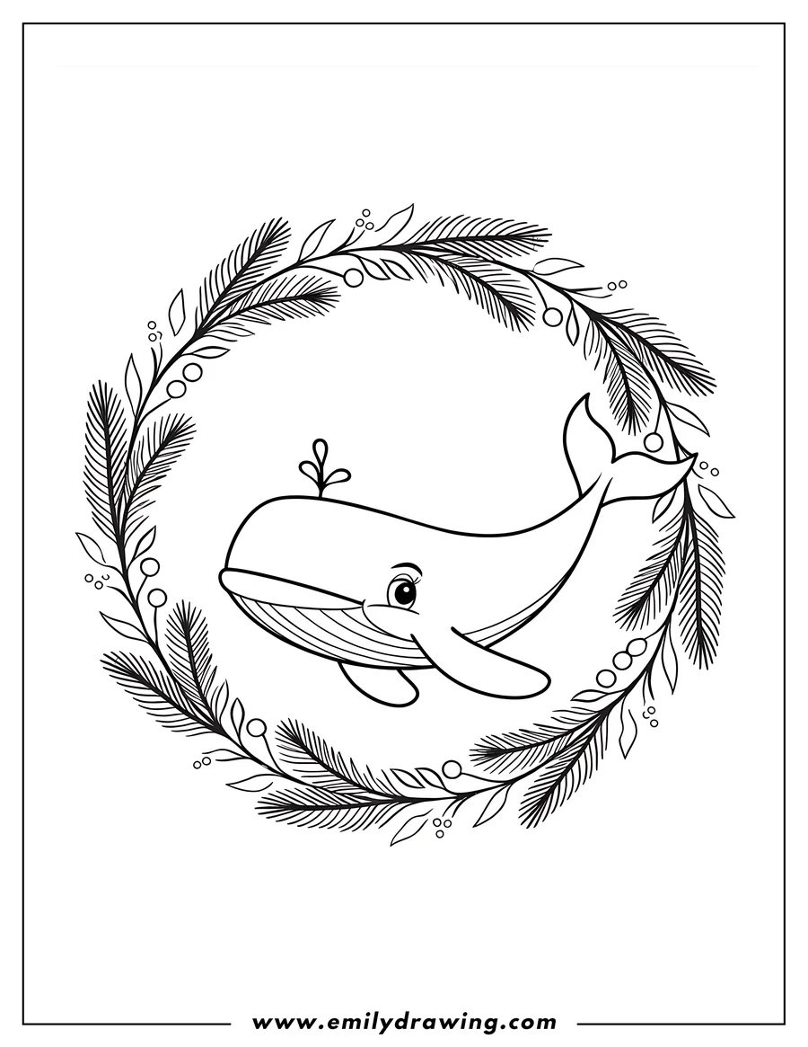 Outline of a whale inside a decorative wreath made of pine branches and berries.
