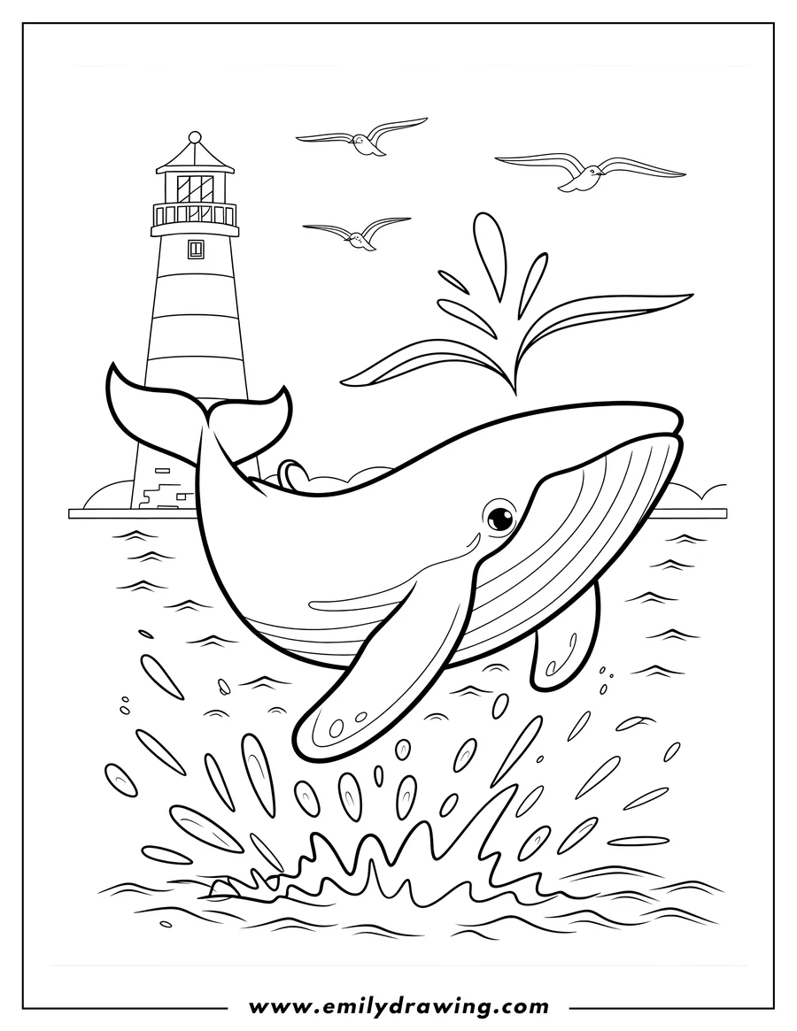 Line art of a playful whale leaping from the ocean near a striped lighthouse. Seagulls fly overhead.