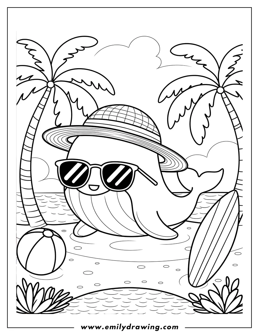 Outline of a whale wearing a sun hat and sunglasses on the beach with a beach ball and surfboard.