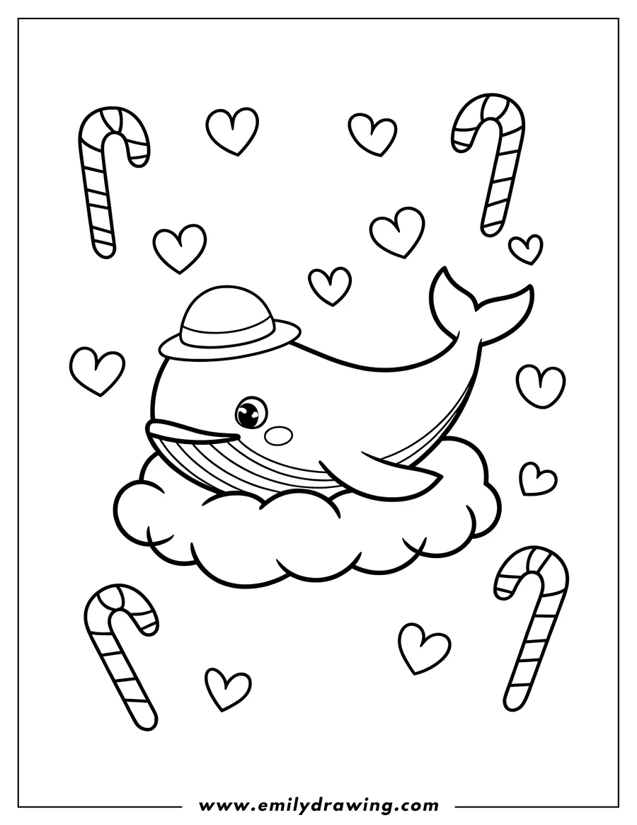 Outline of a whale wearing a hat, sitting on a cloud, surrounded by candy canes and hearts.