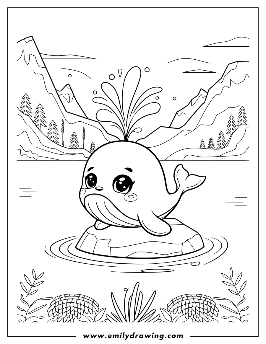 Outline of a cute whale resting on a small rock in the water, spouting a plume of water. Mountains and pine trees are visible in the background.
