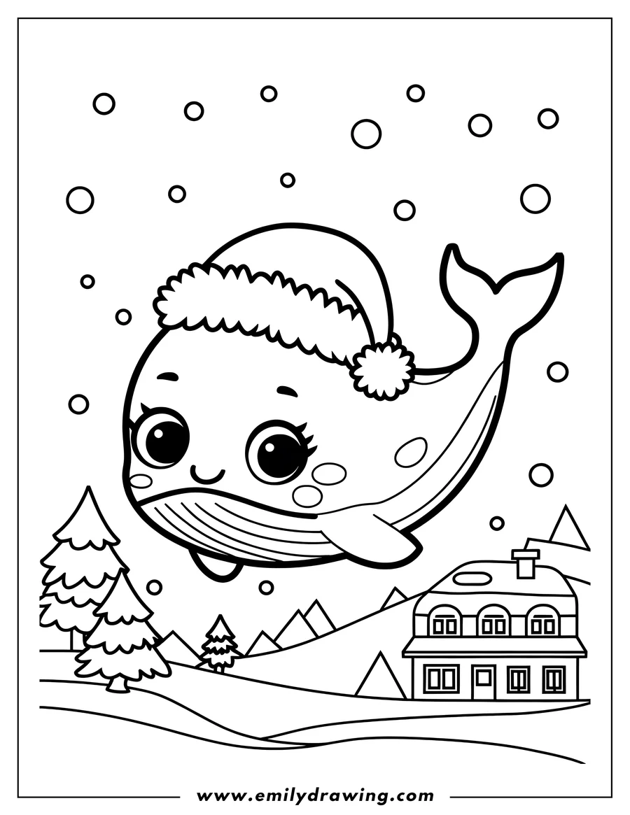 Outline of a whale wearing a Santa hat flying over a snowy winter landscape with trees and a cozy-looking house.