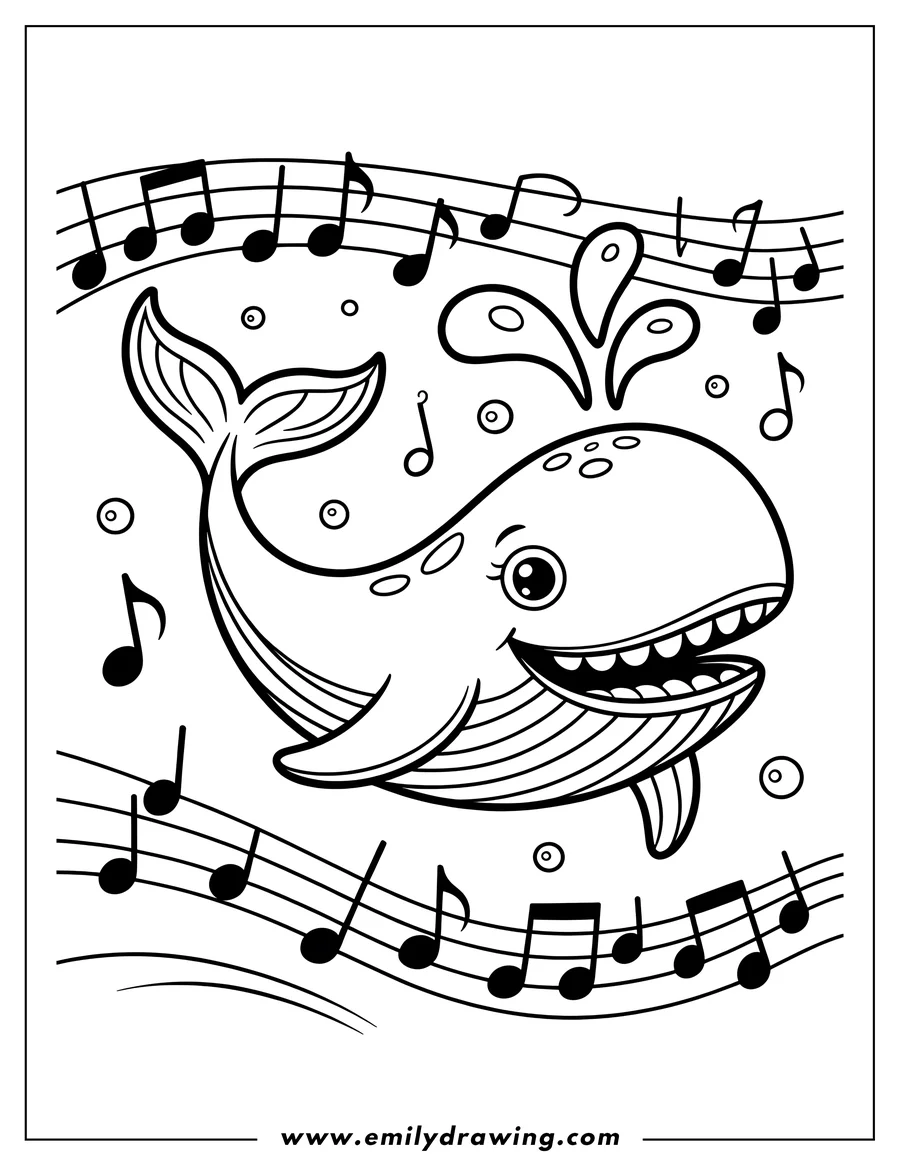 Line art of a cheerful whale singing amidst musical notes and bubbles.