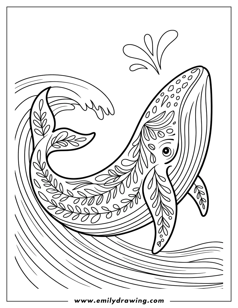 Outline of a whale spouting water with decorative patterns on its body and tail.