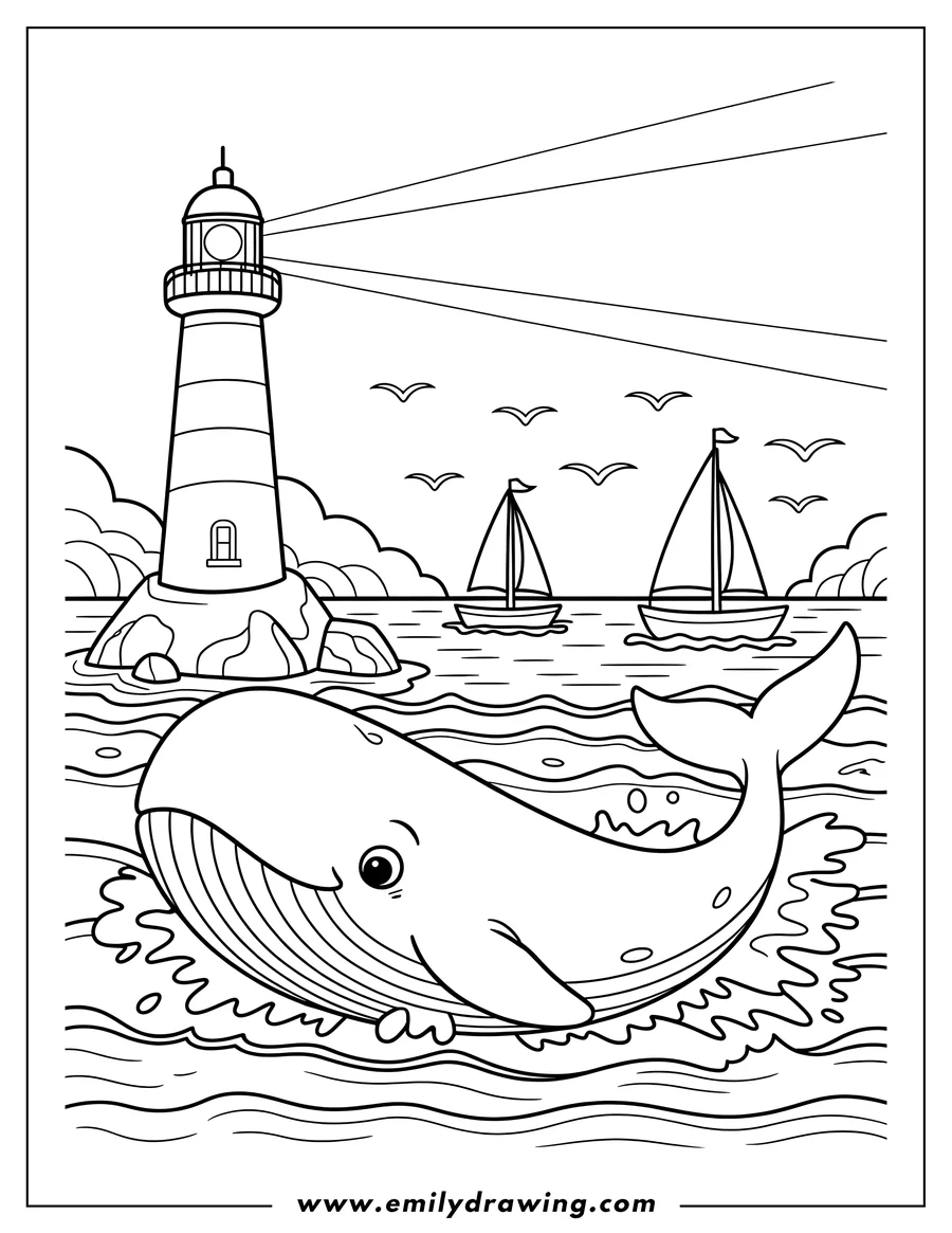 Outline of a cheerful whale swimming in the ocean, with sailboats and a lighthouse in the background.