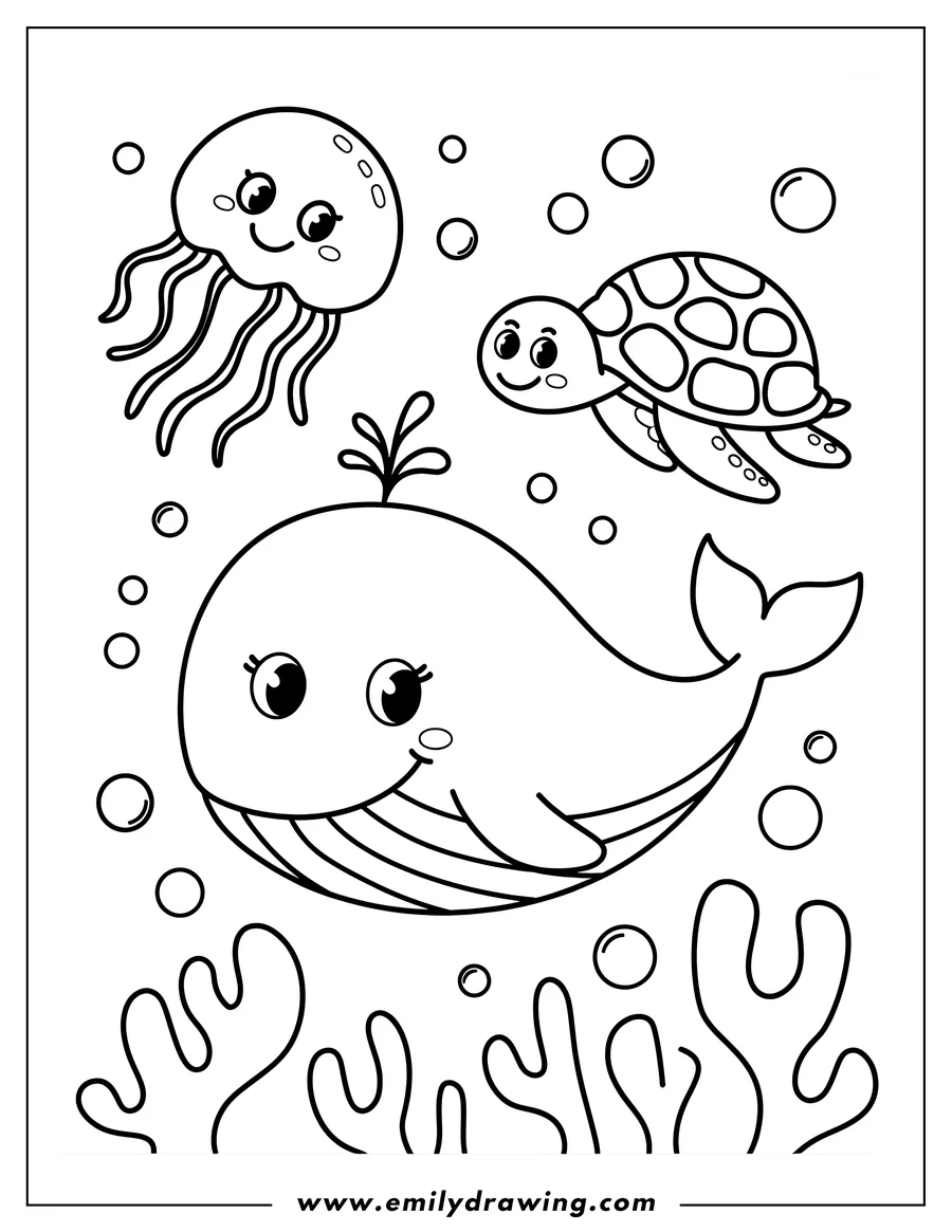 Line art of a whale, a turtle, and a jellyfish swimming together underwater with bubbles and seaweed.
