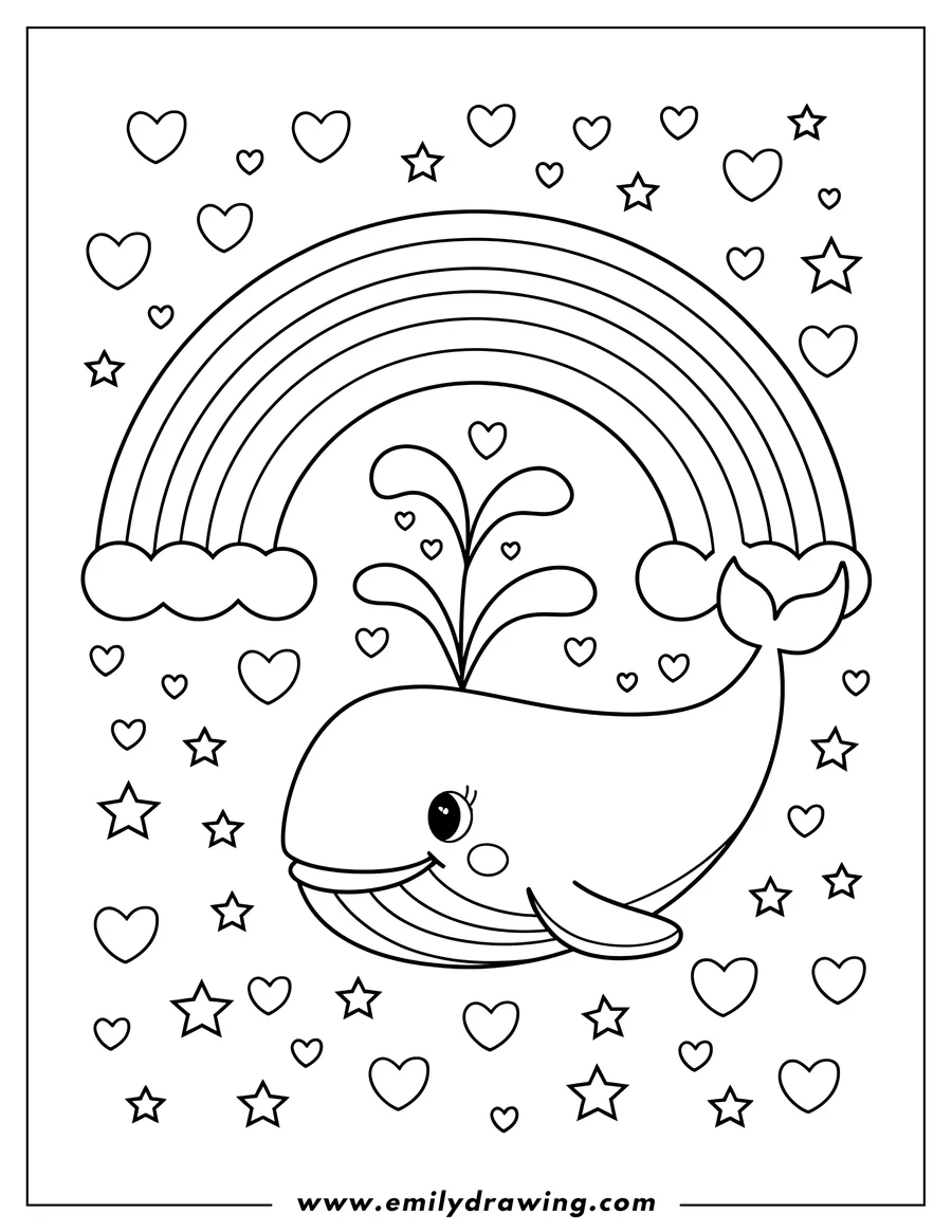 Outline of a whale spouting water under a rainbow, surrounded by hearts and stars.