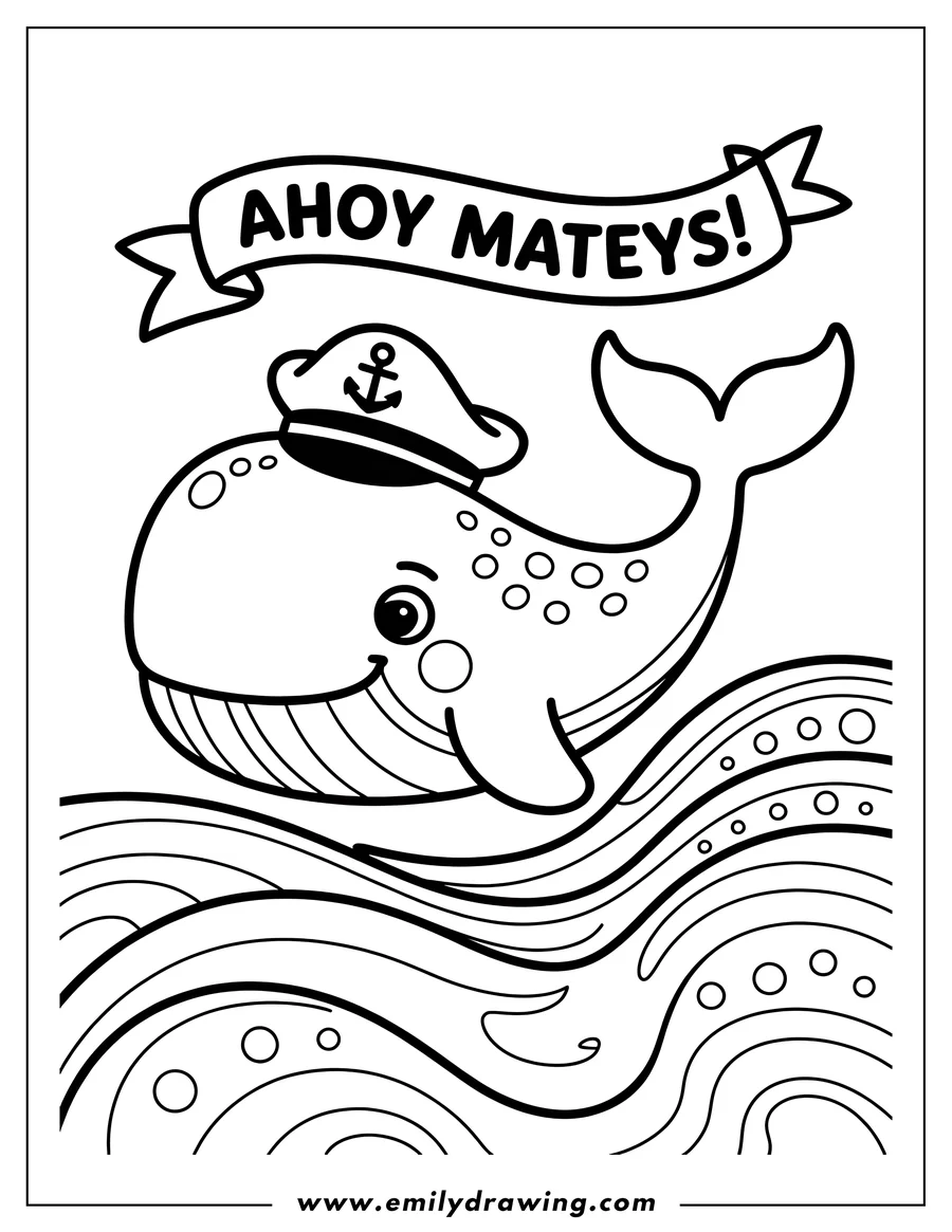 Outline of a friendly whale wearing a captain's hat with an anchor, swimming in the ocean with stylized waves.