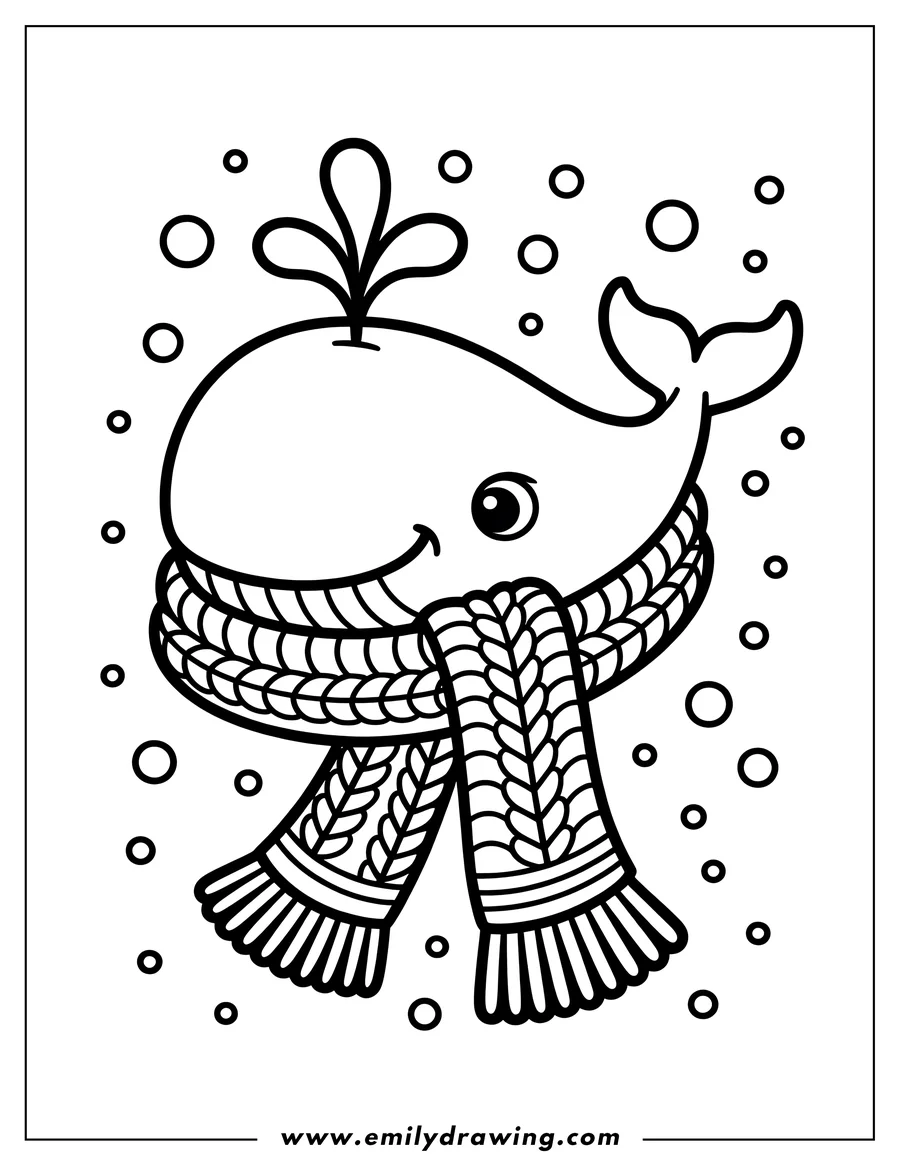 Line art of a whale wearing a knitted scarf, with water bubbles floating around it.