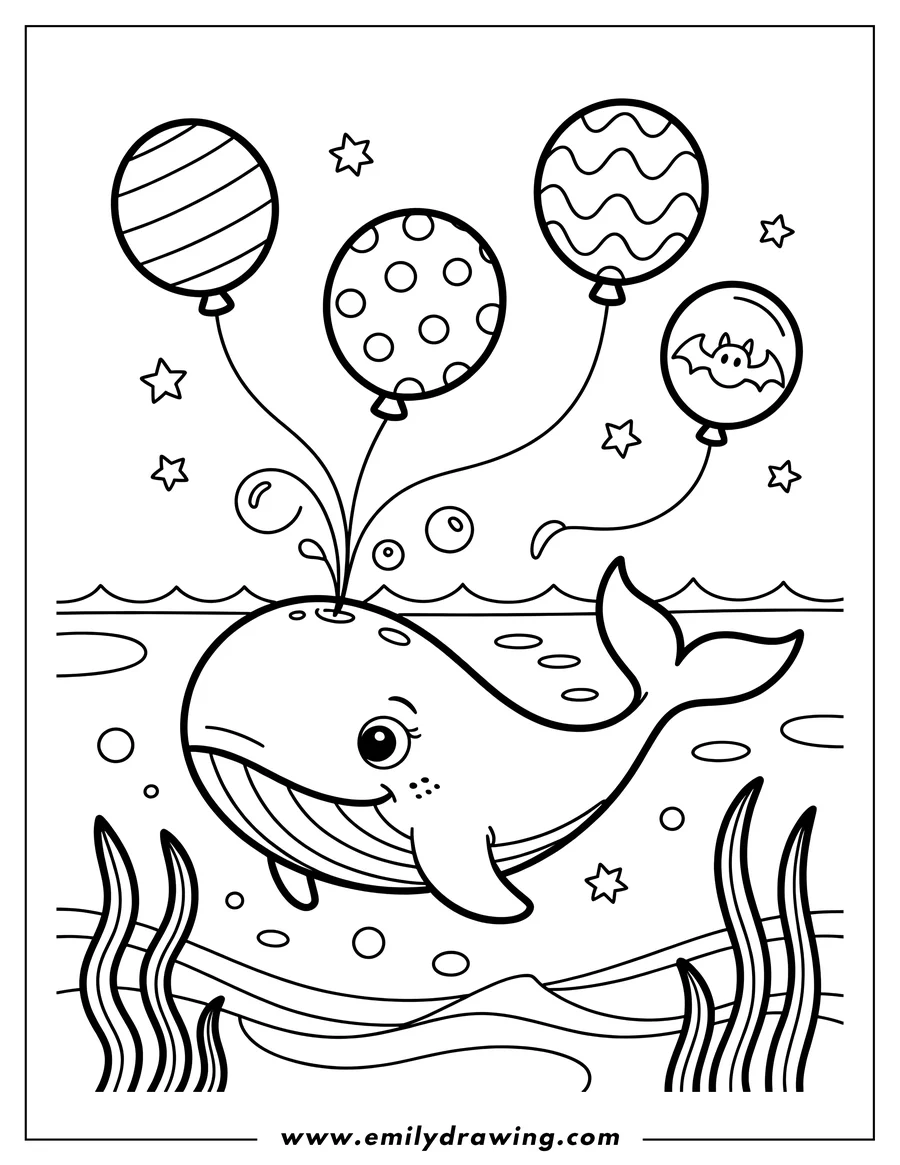 Line art of a whale swimming in the ocean with balloons tied to its back. One balloon contains a small bat. Seaweed and bubbles are visible.
