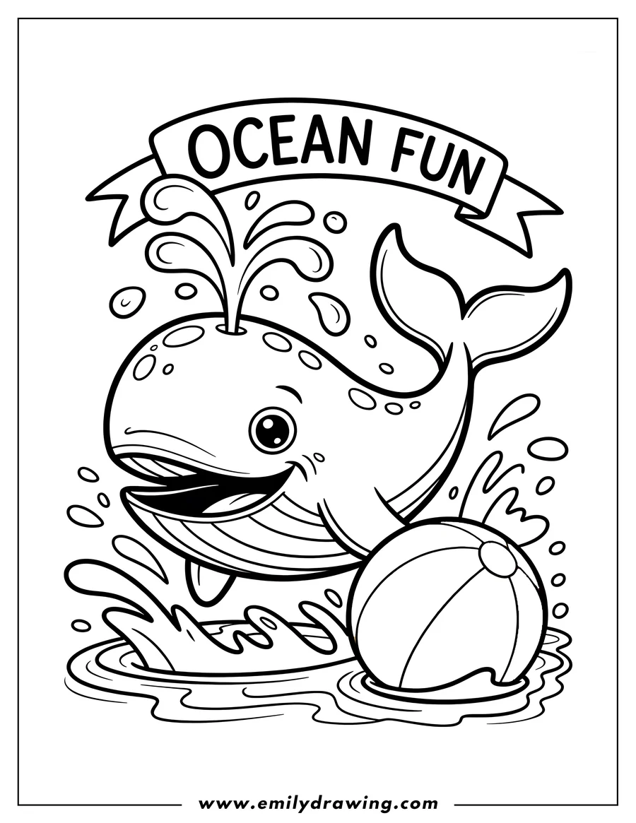 Line art of a playful whale spouting water and interacting with a beach ball in the ocean.