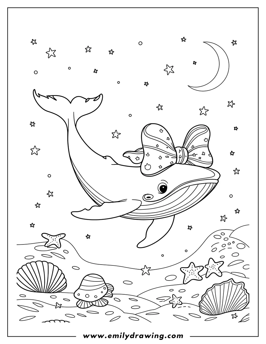 Line art of a whale wearing a bow swimming at night above seashells and starfish on the ocean floor. A crescent moon and stars are visible in the night sky.