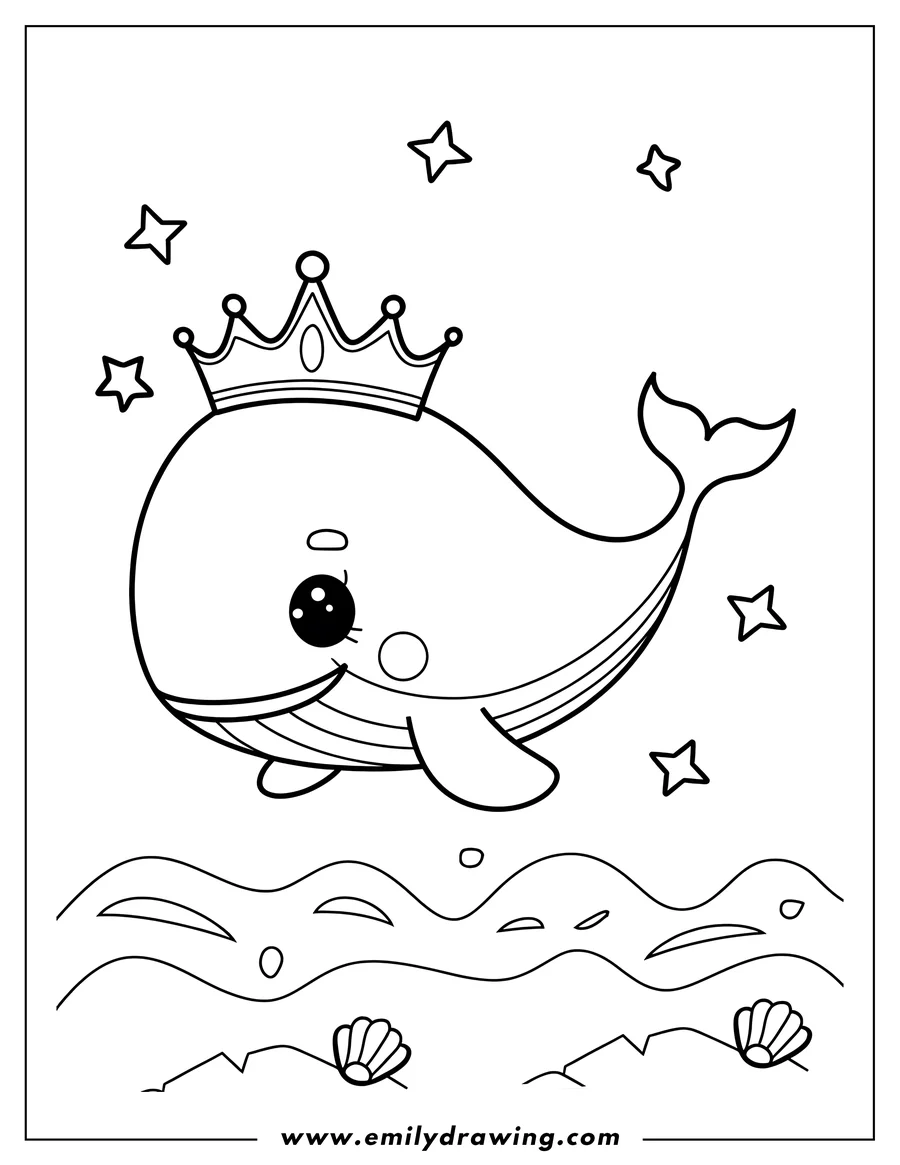 Outline of a whale wearing a crown, swimming above seashells and surrounded by stars.