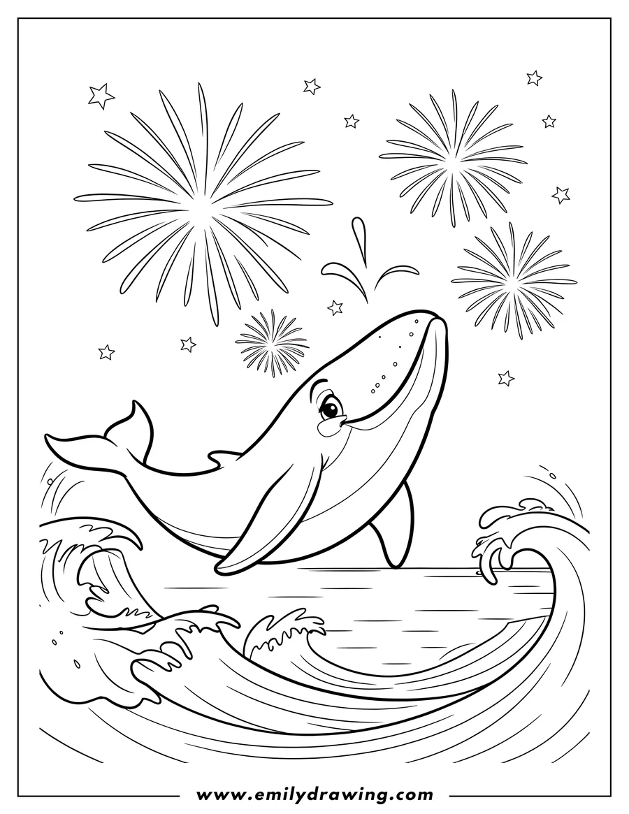 Line art of a playful whale spouting water with fireworks and stars in the background.