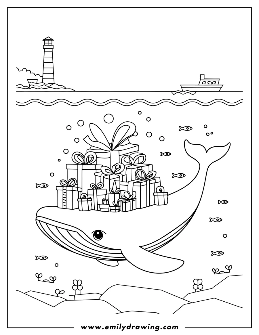 Line art of a whale swimming underwater with a stack of presents on its back. A lighthouse and boat are visible above the water.