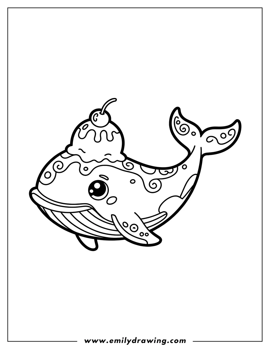 Outline of a whale with a scoop of ice cream topped with a cherry on its back.