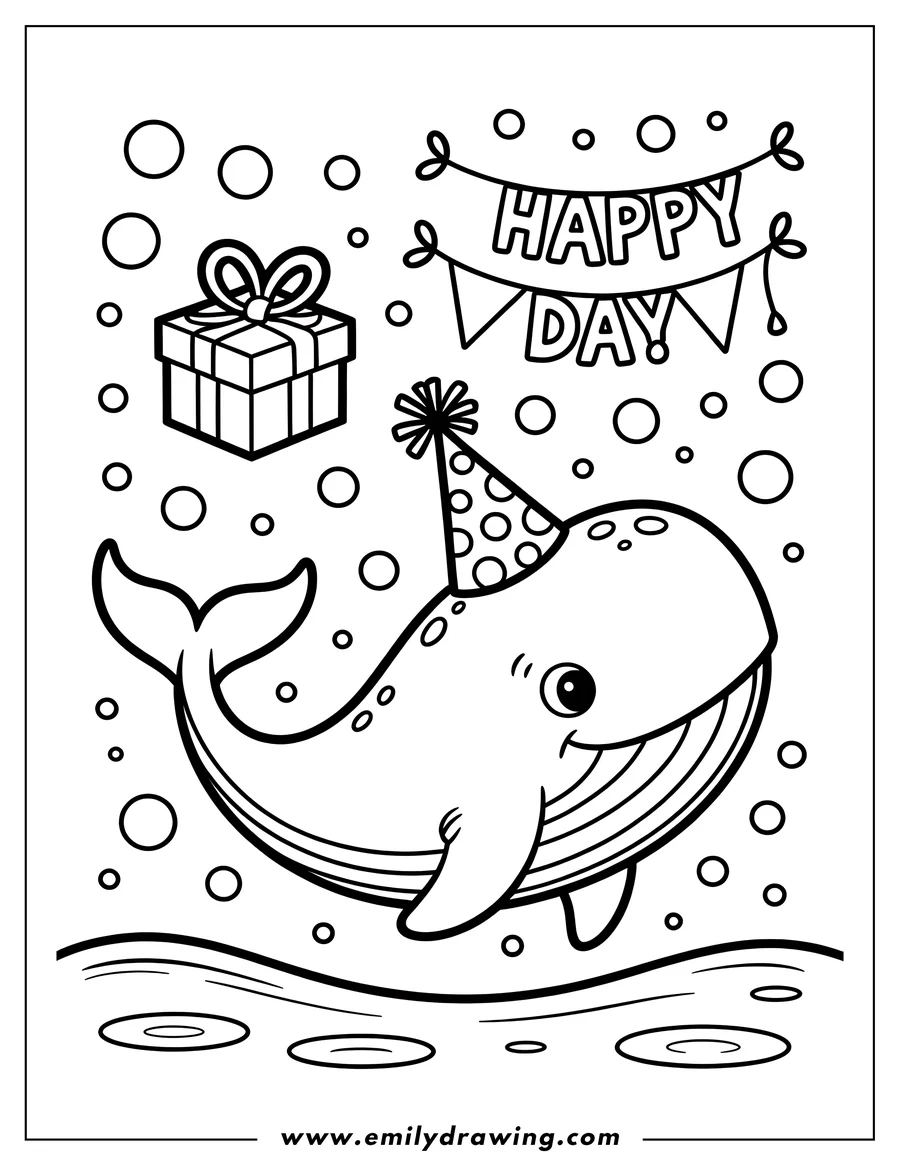Line art of a whale wearing a party hat, with a gift and