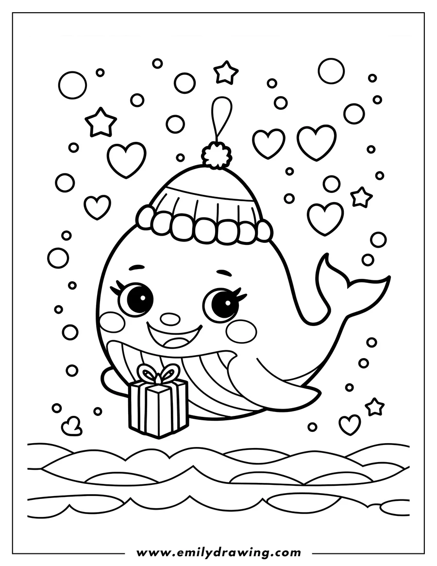 Line art of a whale wearing a winter hat and holding a gift, floating above stylized waves.
