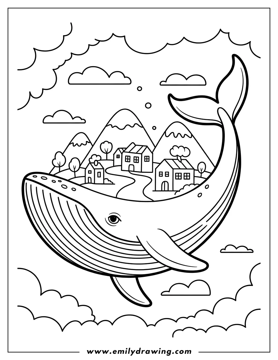 Line art of a whale with a small village on its back, floating amongst clouds.