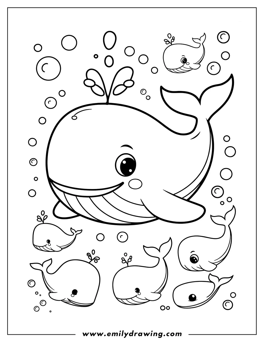Outline of a large whale surrounded by smaller whales, all with bubbles floating around them.