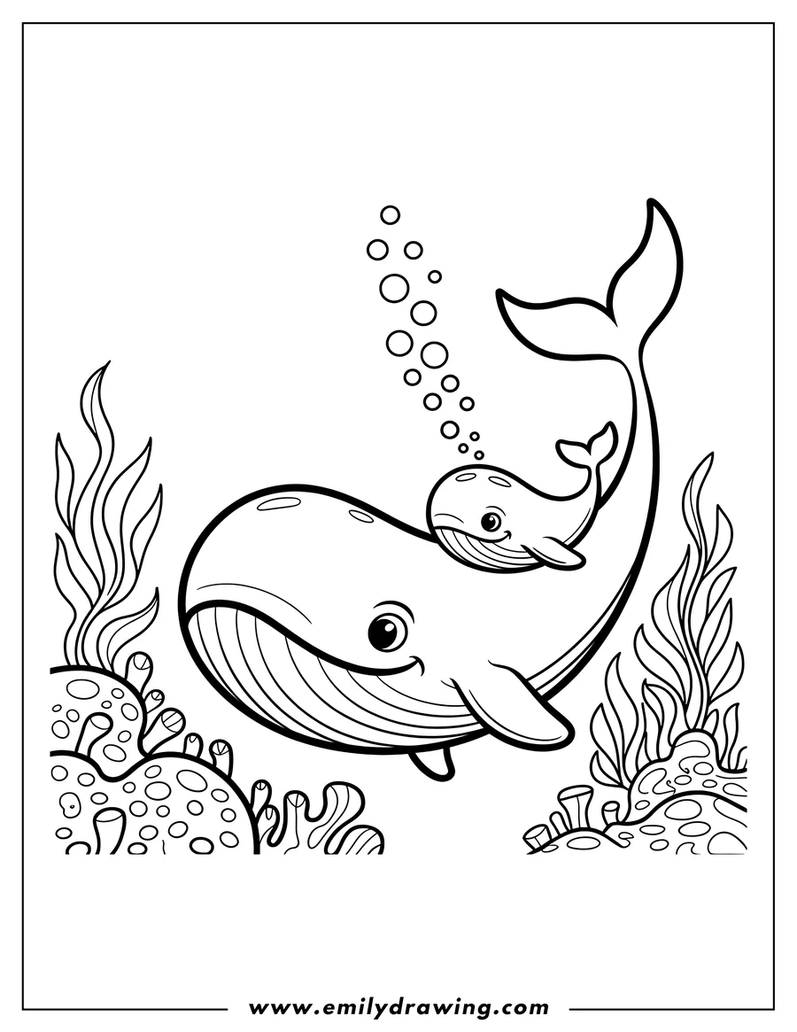 Outline of two whales, a larger whale with a smaller calf on its back, swimming near a colorful coral reef. Bubbles float around them, indicating they are underwater.