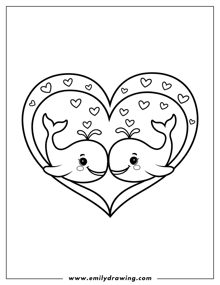 Two whales facing each other inside a heart shape, with small hearts floating around them.