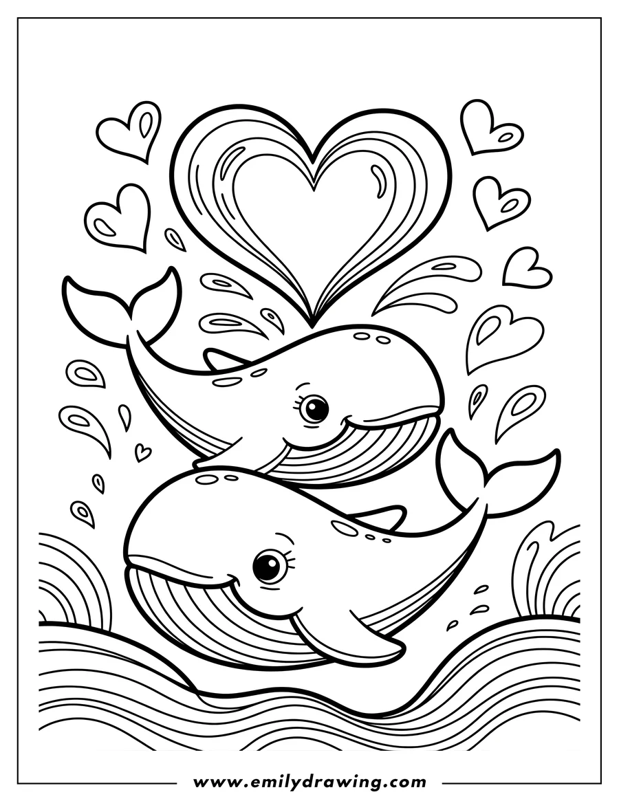 Two playful whales swim together beneath a large heart, creating a sweet Valentine's Day scene.
